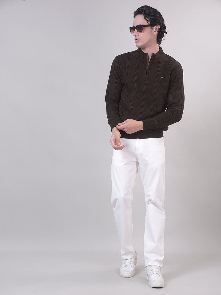 Brown Self-Design Half-Zipper Sweater