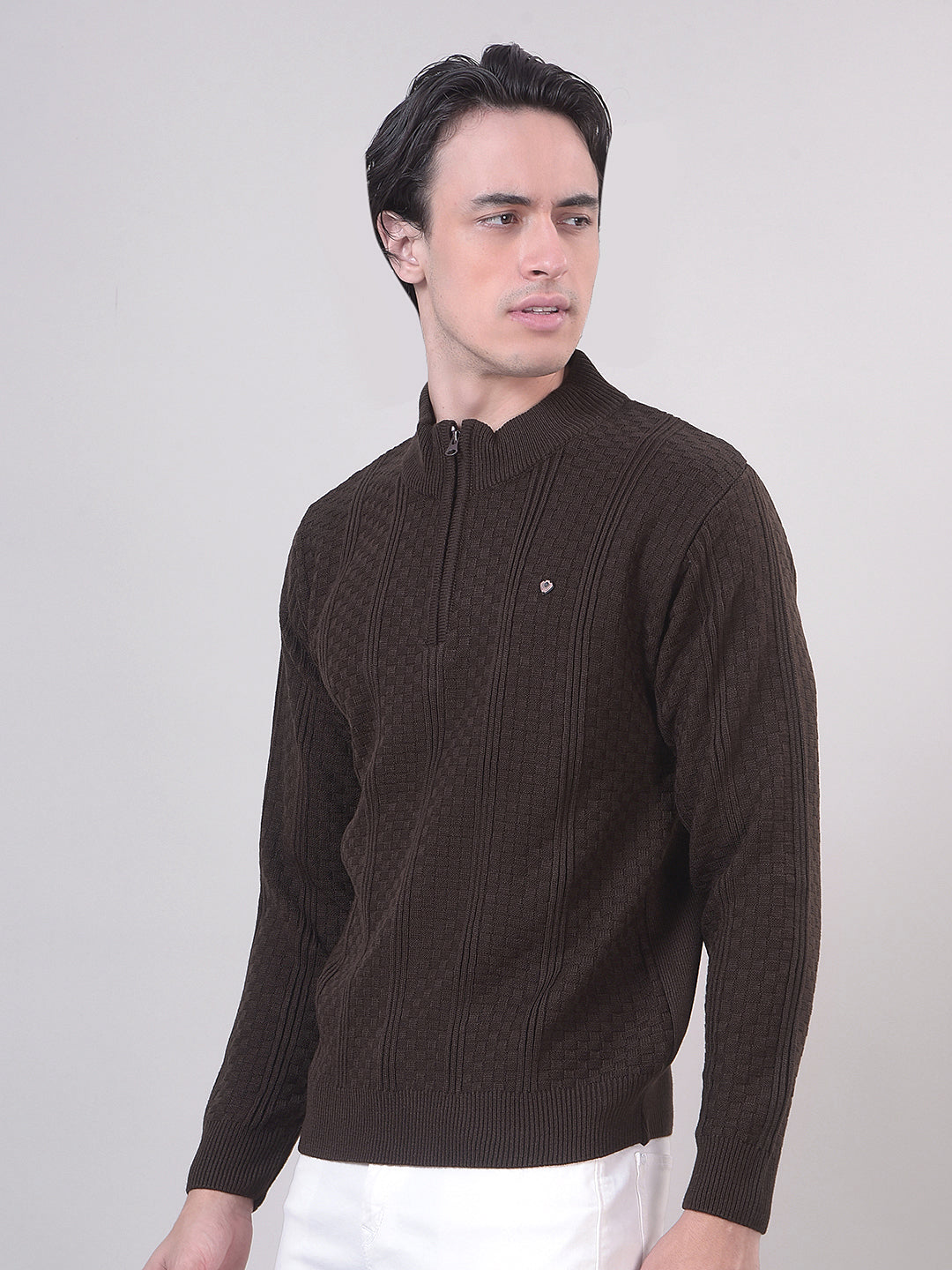 Brown Self-Design Half-Zipper Sweater