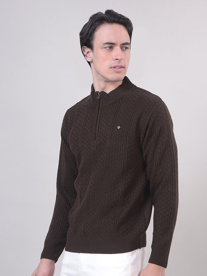 Brown Self-Design Half-Zipper Sweater