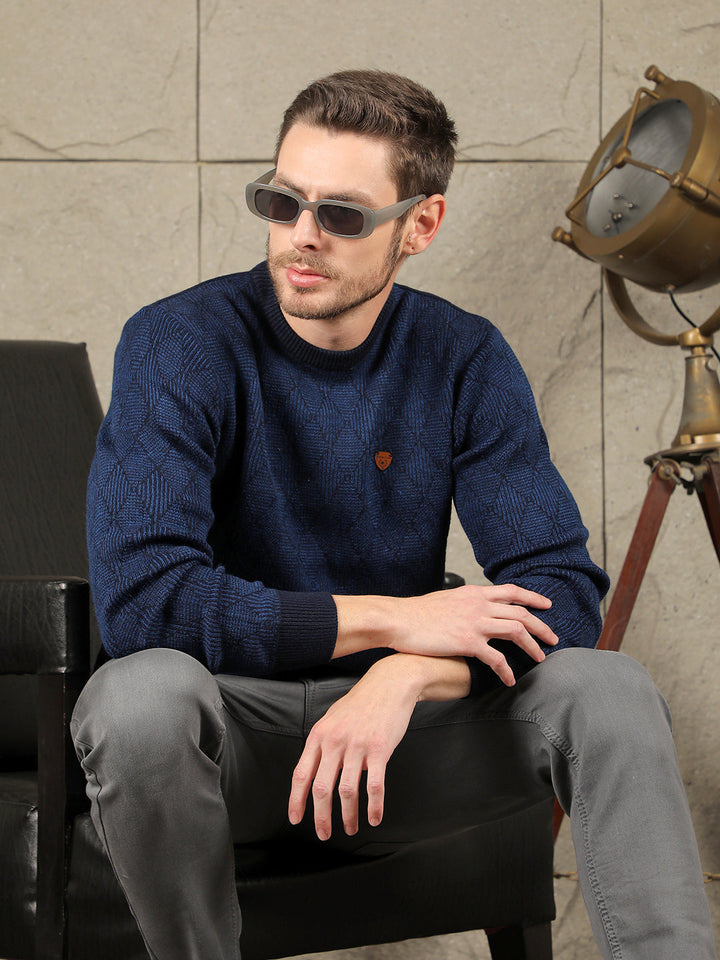 cobb navy blue self-design round neck sweater