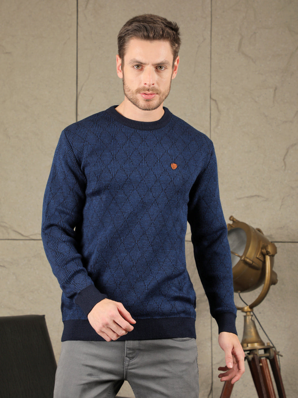 cobb navy blue self-design round neck sweater