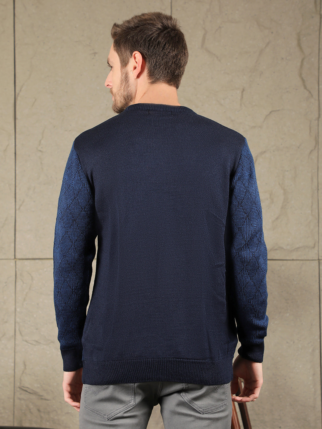 cobb navy blue self-design round neck sweater