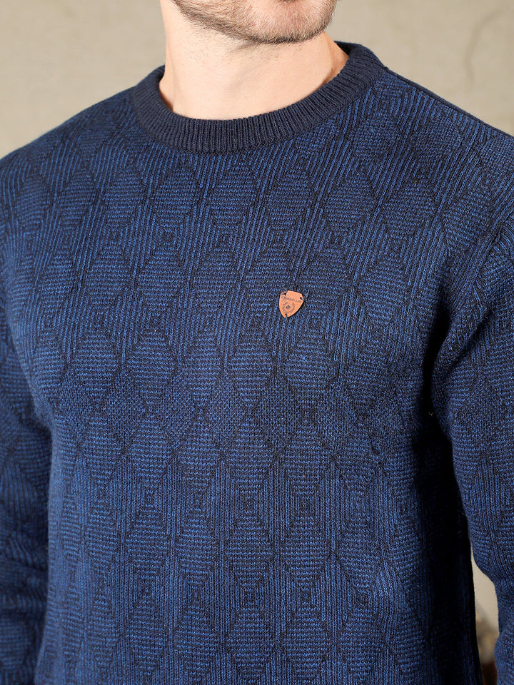 cobb navy blue self-design round neck sweater