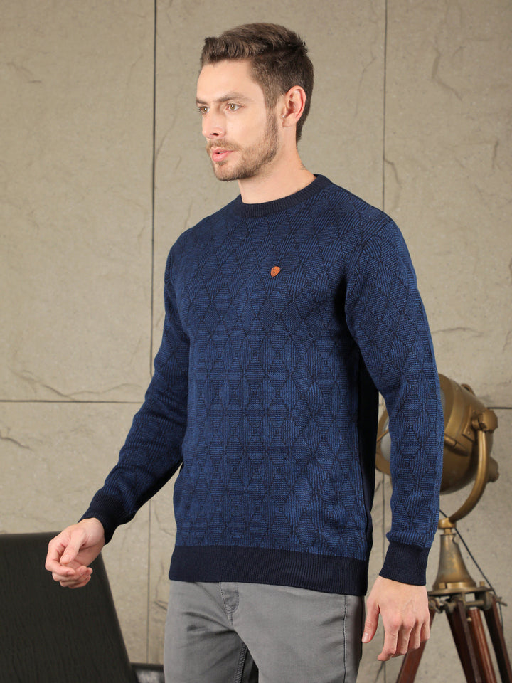 COBB NAVY BLUE SELF-DESIGN ROUND NECK SWEATER