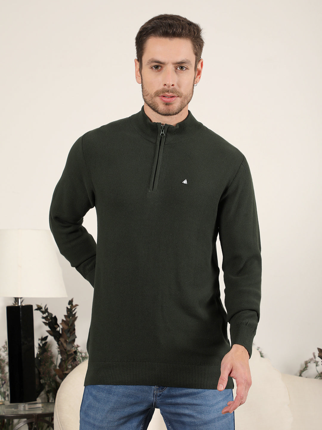 cobb solid green round neck half-zipper sweater