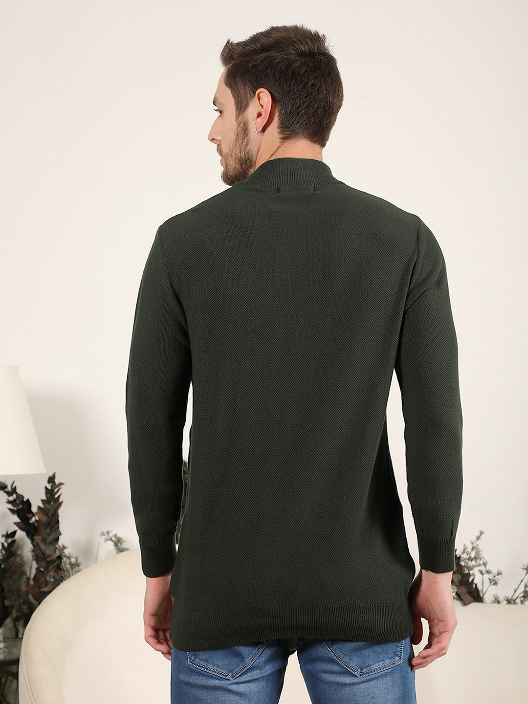 cobb solid green round neck half-zipper sweater