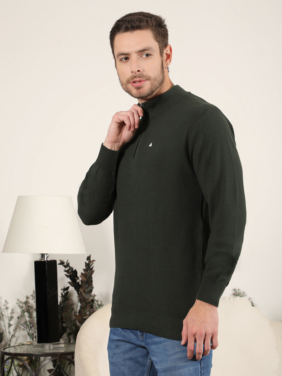 COBB SOLID GREEN ROUND NECK HALF-ZIPPER SWEATER