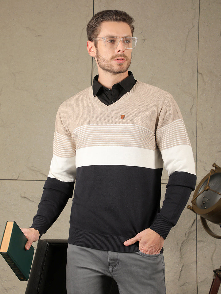 cobb beige striped v-neck sweater