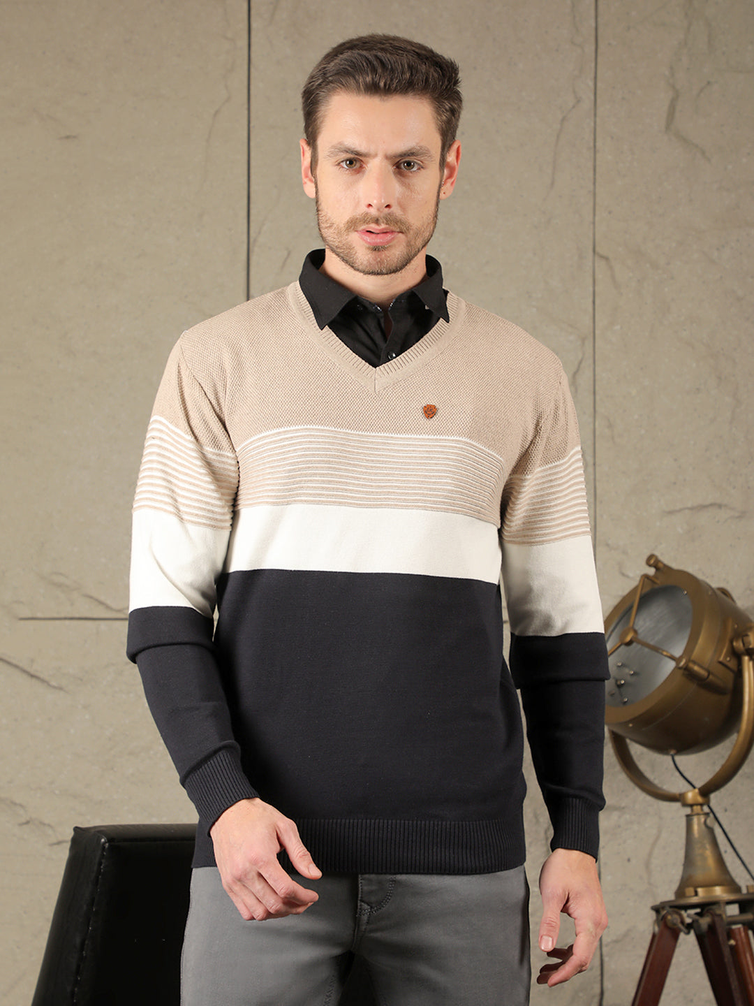 cobb beige striped v-neck sweater