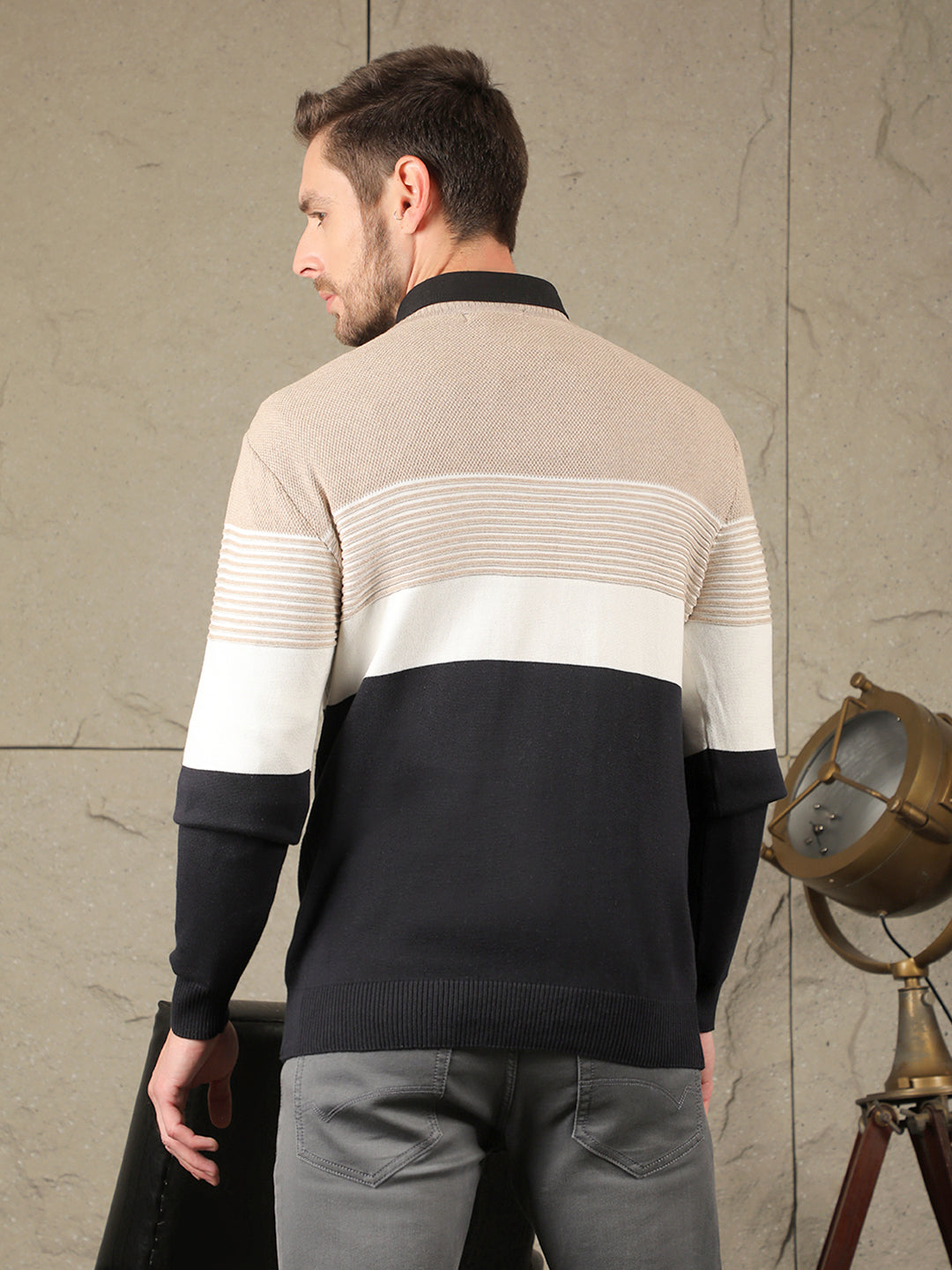 cobb beige striped v-neck sweater