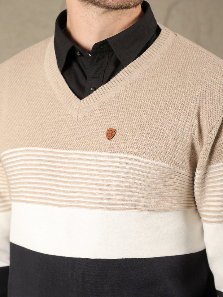 cobb beige striped v-neck sweater