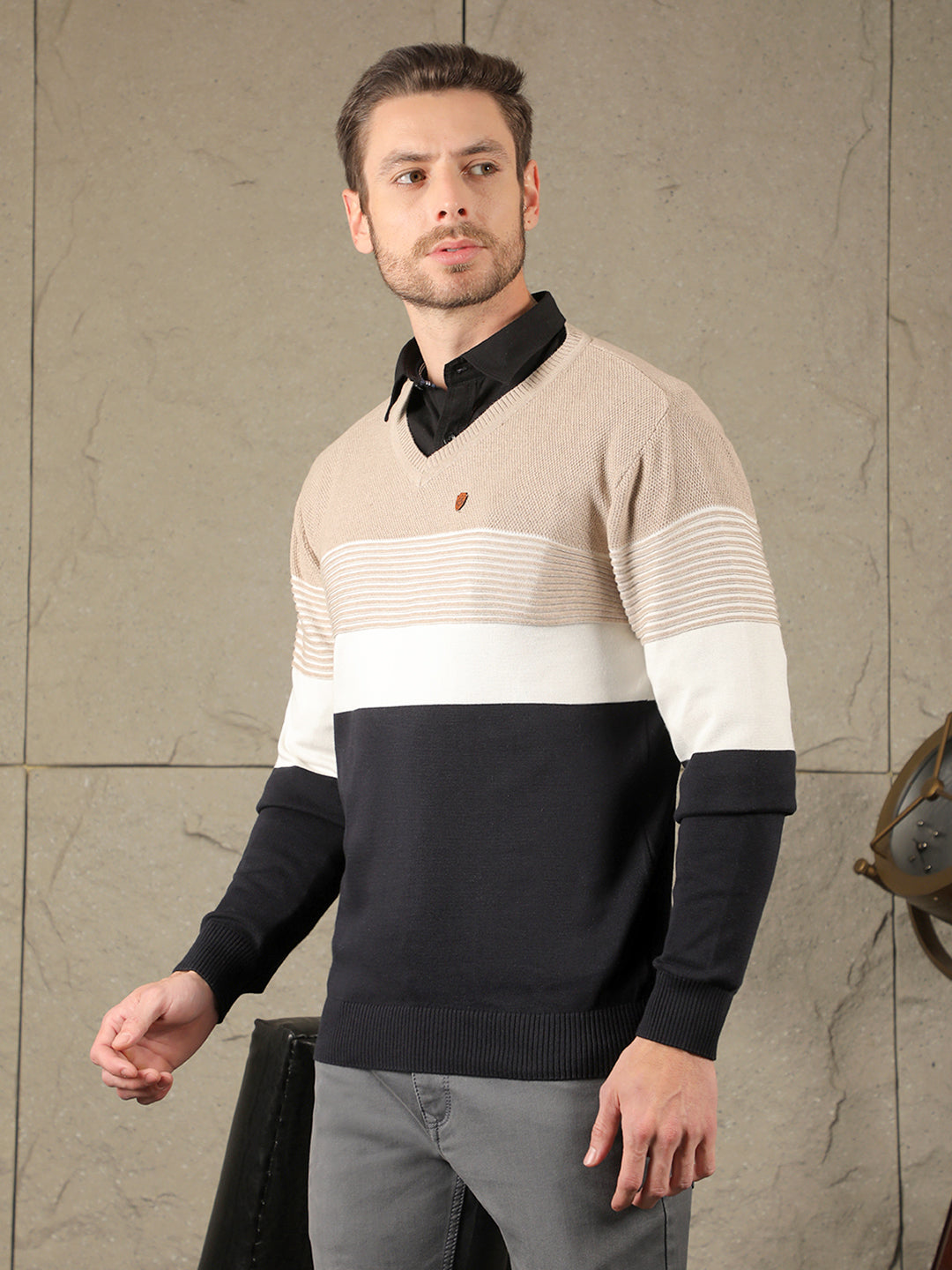 COBB BEIGE STRIPED V-NECK SWEATER