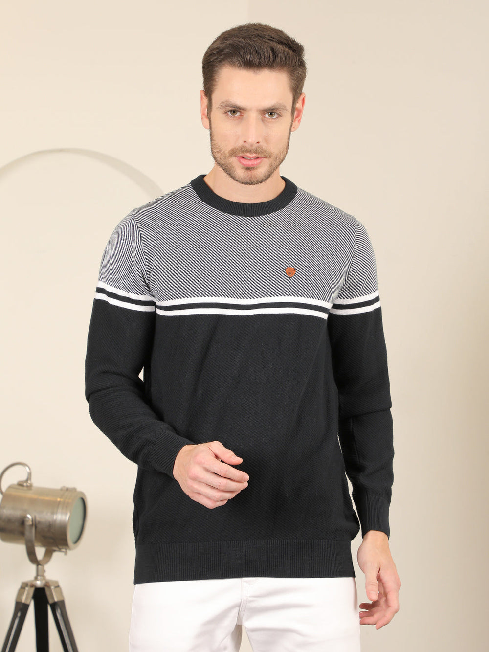 cobb navy blue striped round neck sweater