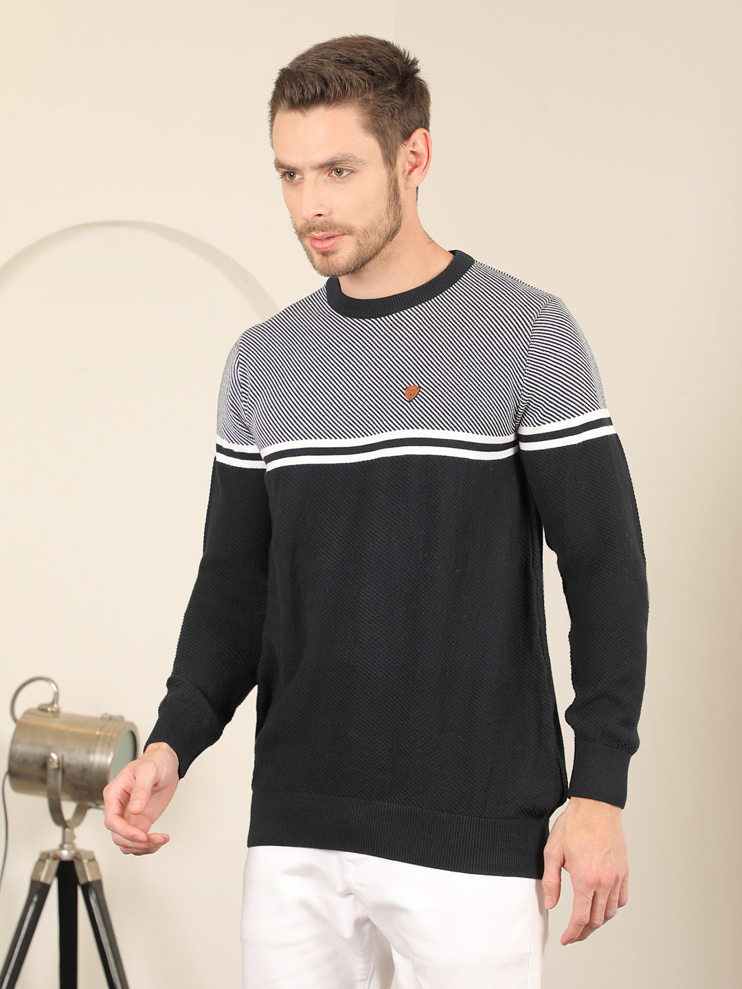 COBB NAVY BLUE STRIPED ROUND NECK SWEATER