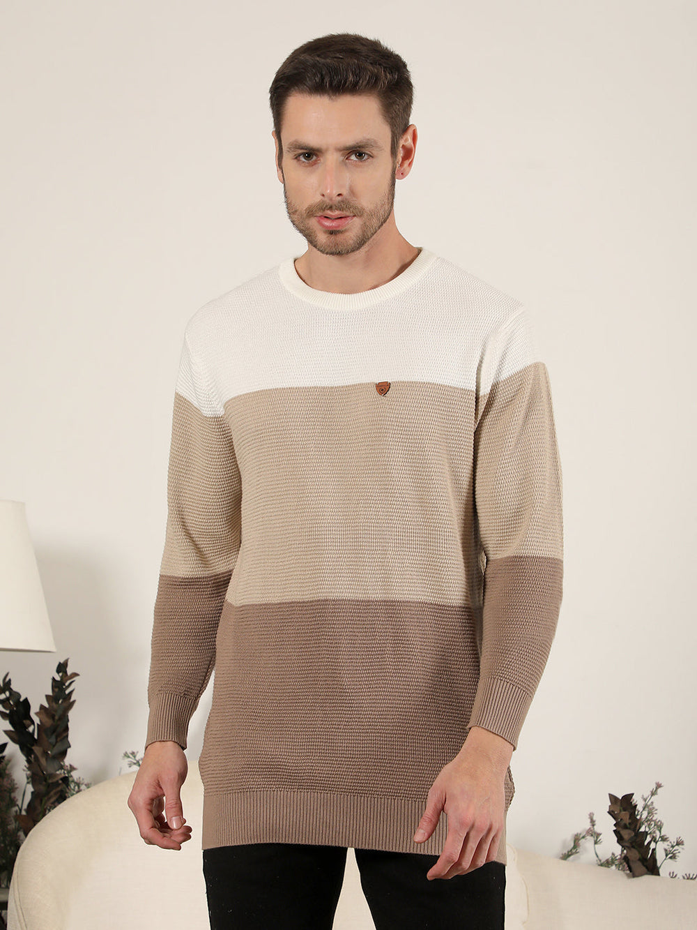 cobb beige colour block round neck sweater