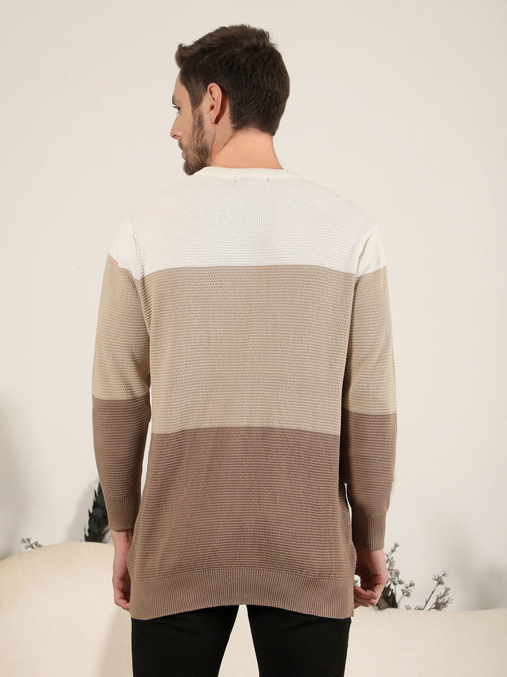 cobb beige colour block round neck sweater