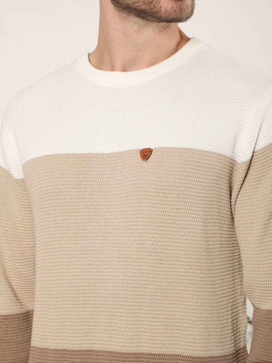 cobb beige colour block round neck sweater