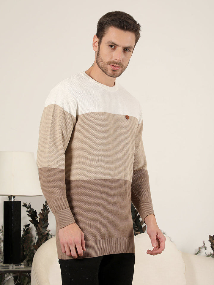 COBB BEIGE COLOUR BLOCK ROUND NECK SWEATER