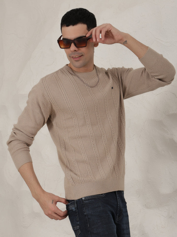 cobb beige self-design round neck sweater