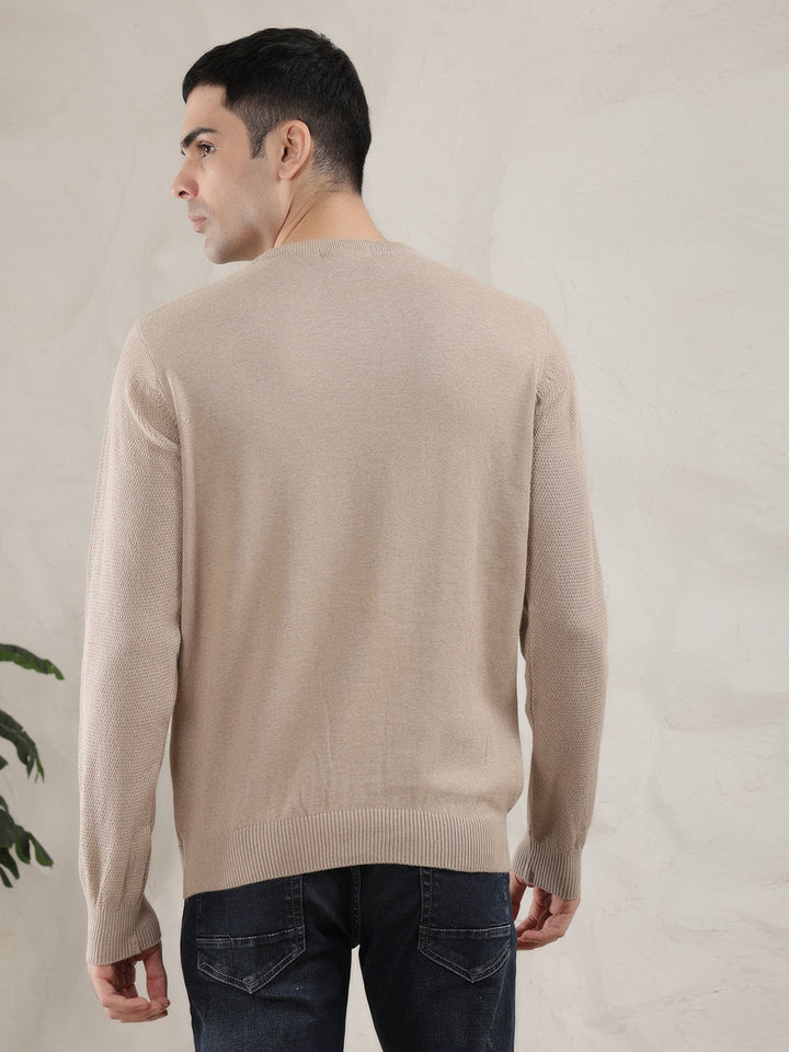 cobb beige self-design round neck sweater