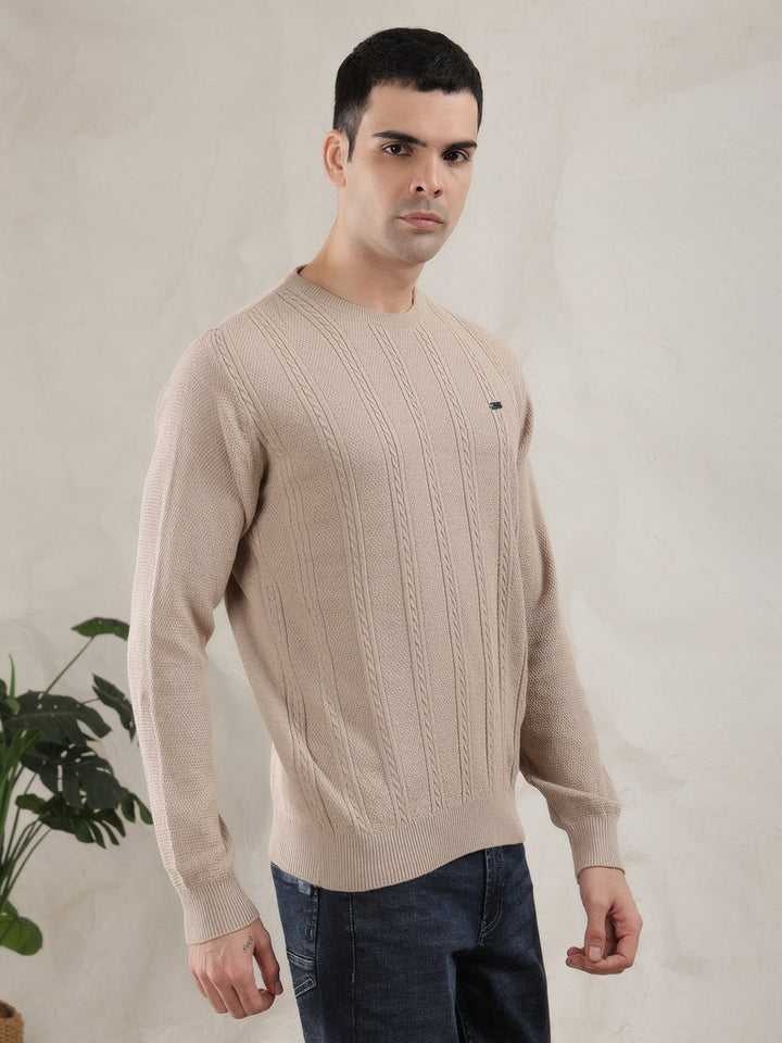 COBB BEIGE SELF-DESIGN ROUND NECK SWEATER