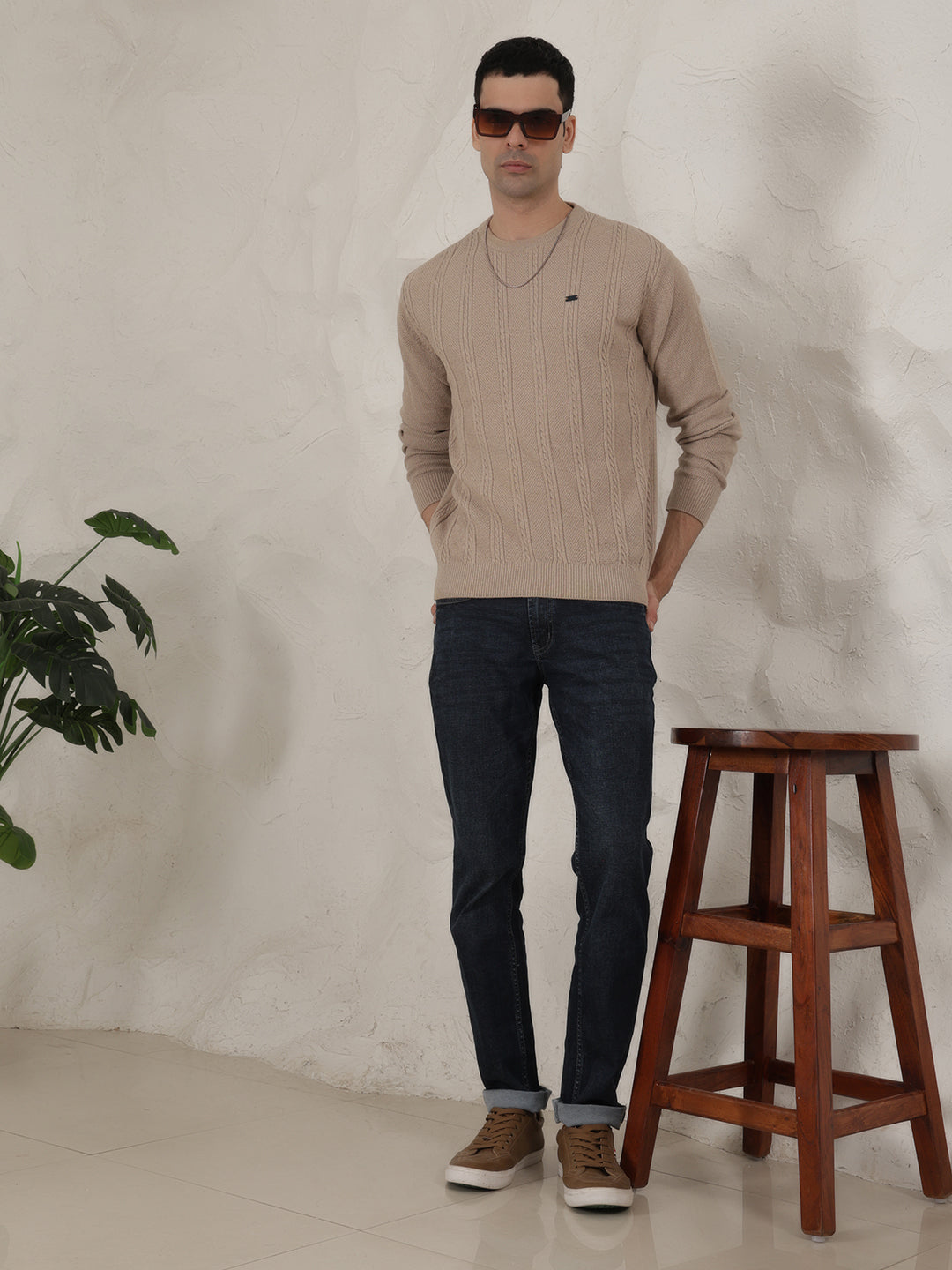 COBB BEIGE SELF-DESIGN ROUND NECK SWEATER