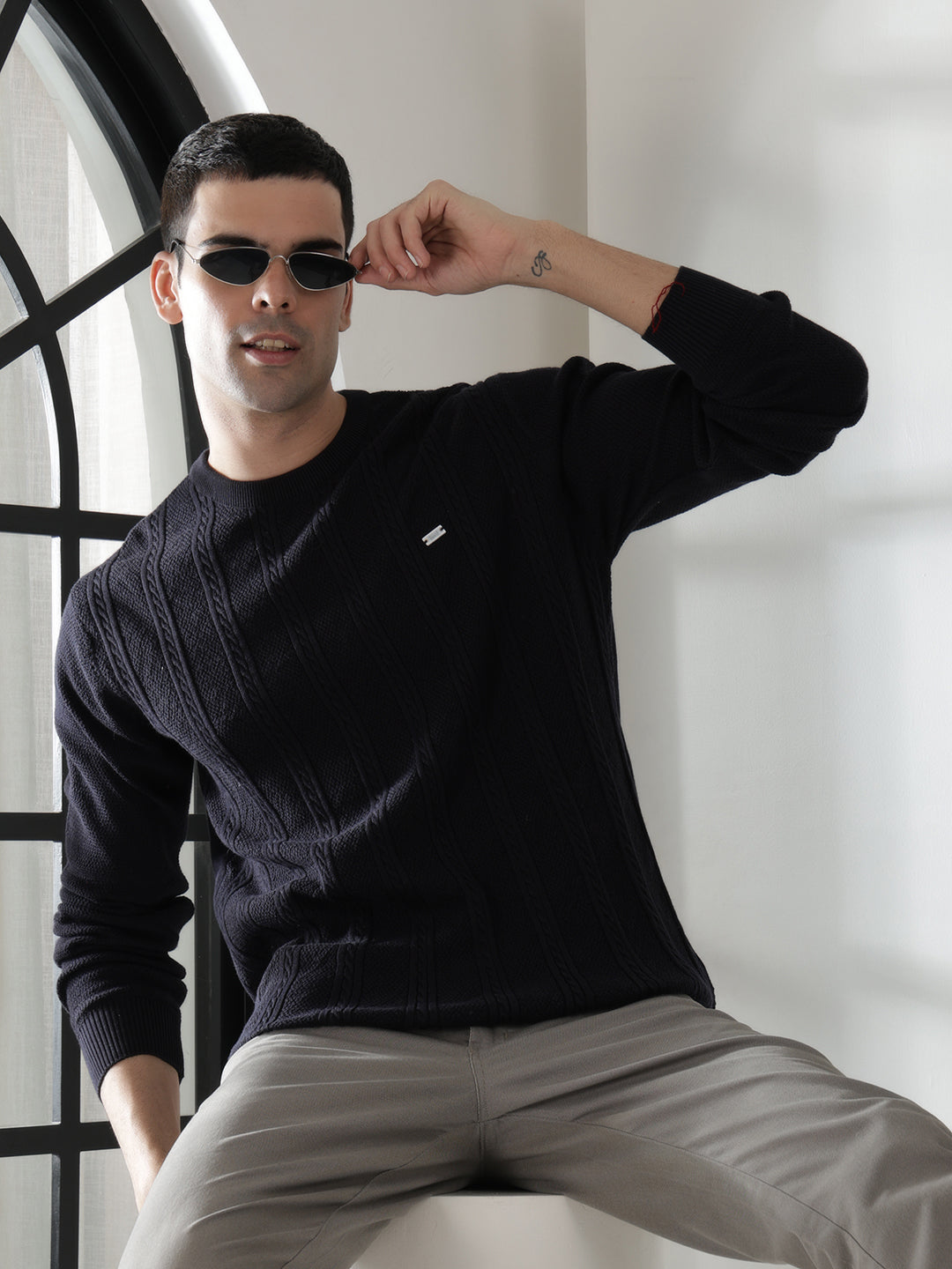 cobb navy blue self-design round neck sweater