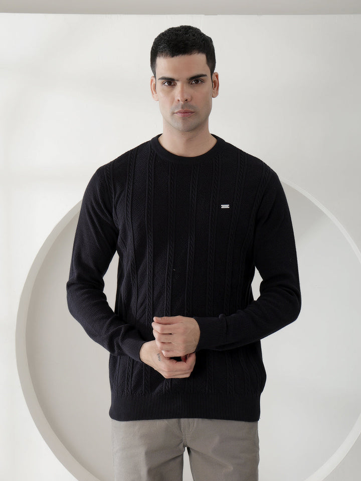 cobb navy blue self-design round neck sweater