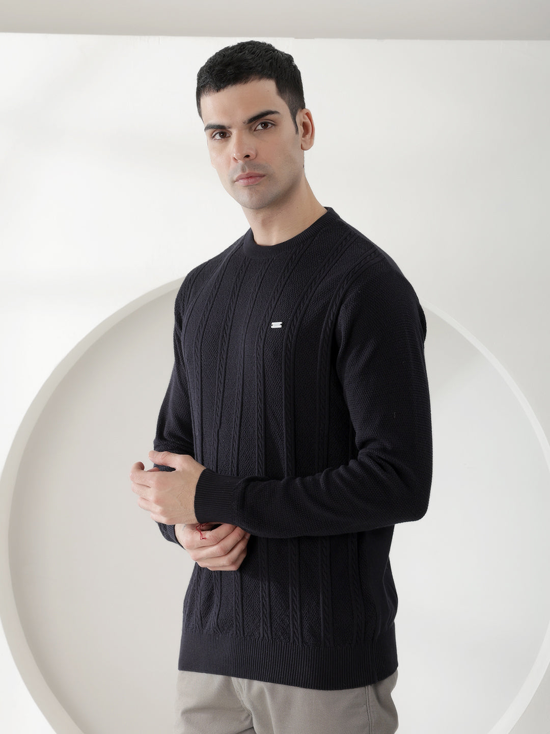 COBB NAVY BLUE SELF-DESIGN ROUND NECK SWEATER