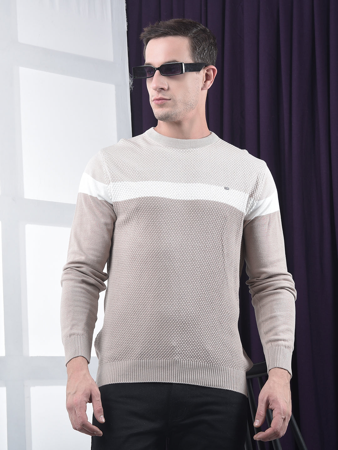 cobb beige color-block round neck sweater