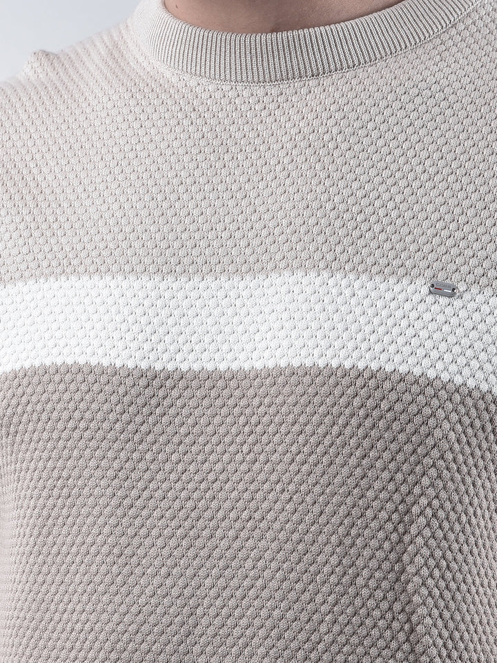 COBB BEIGE COLOR-BLOCK ROUND NECK SWEATER