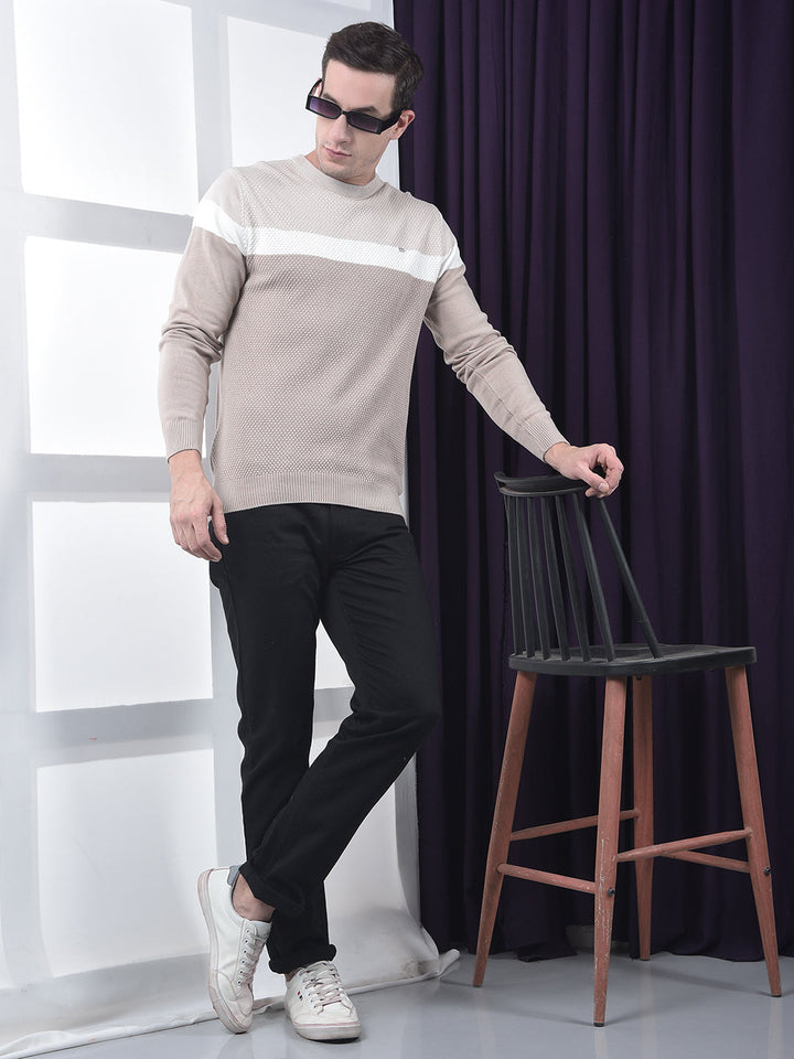 COBB BEIGE COLOR-BLOCK ROUND NECK SWEATER