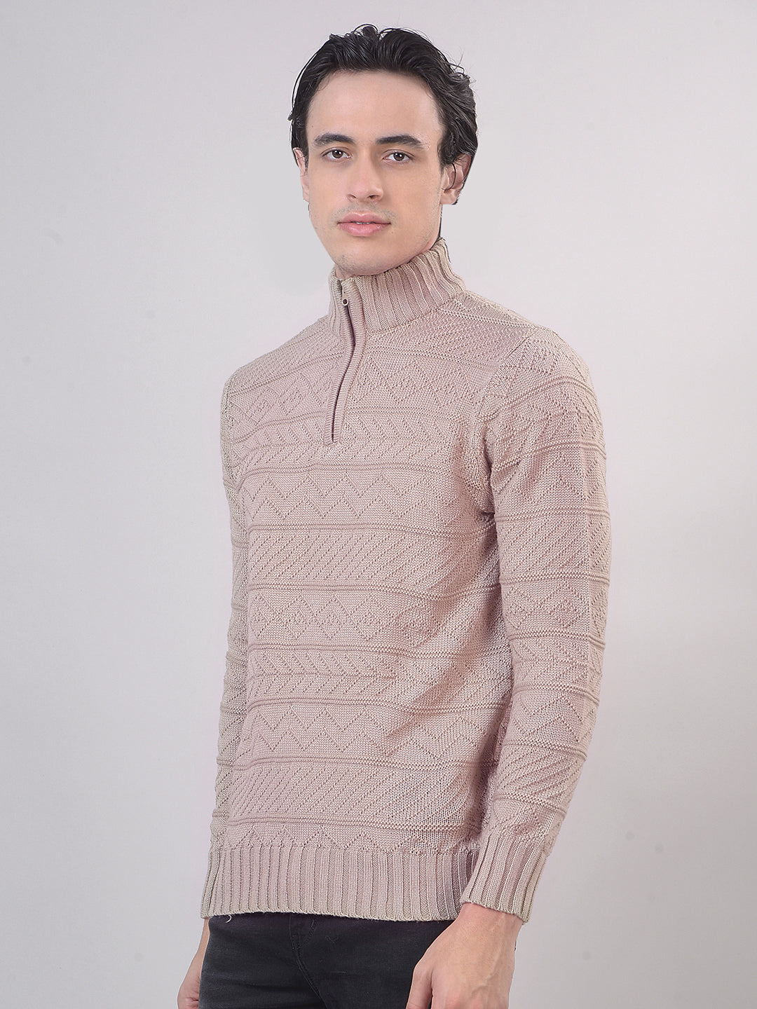 Beige Self-Design Half-Zipper Sweater