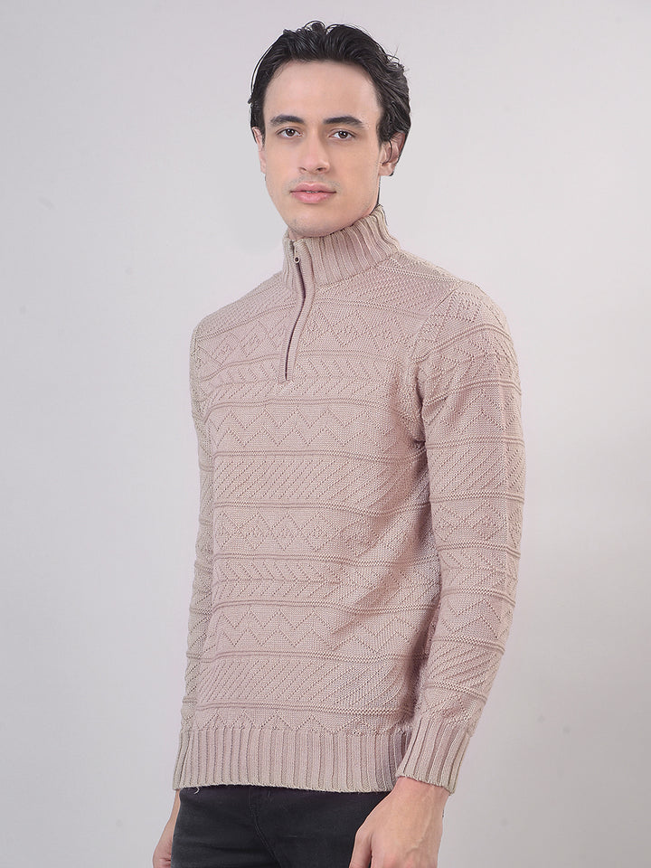 Beige Self-Design Half-Zipper Sweater