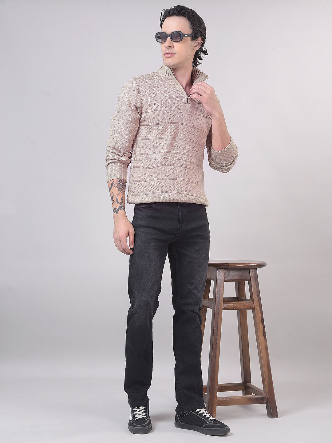 Beige Self-Design Half-Zipper Sweater
