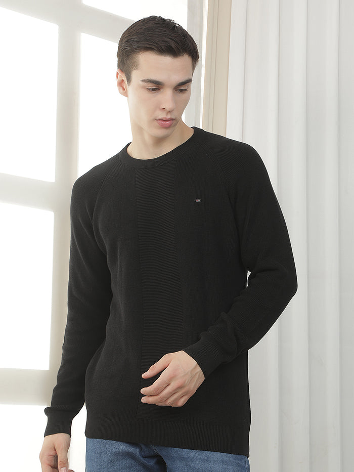 black self-design round sweater