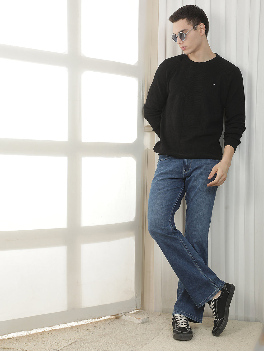 black self-design round sweater