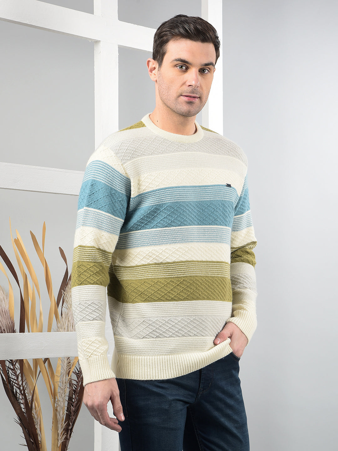 COBB CREAM COLOUR-BLOCK ROUND NECK SWEATER