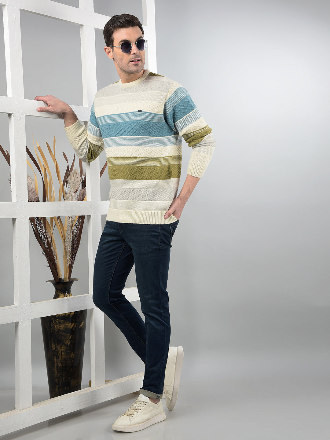 COBB CREAM COLOUR-BLOCK ROUND NECK SWEATER