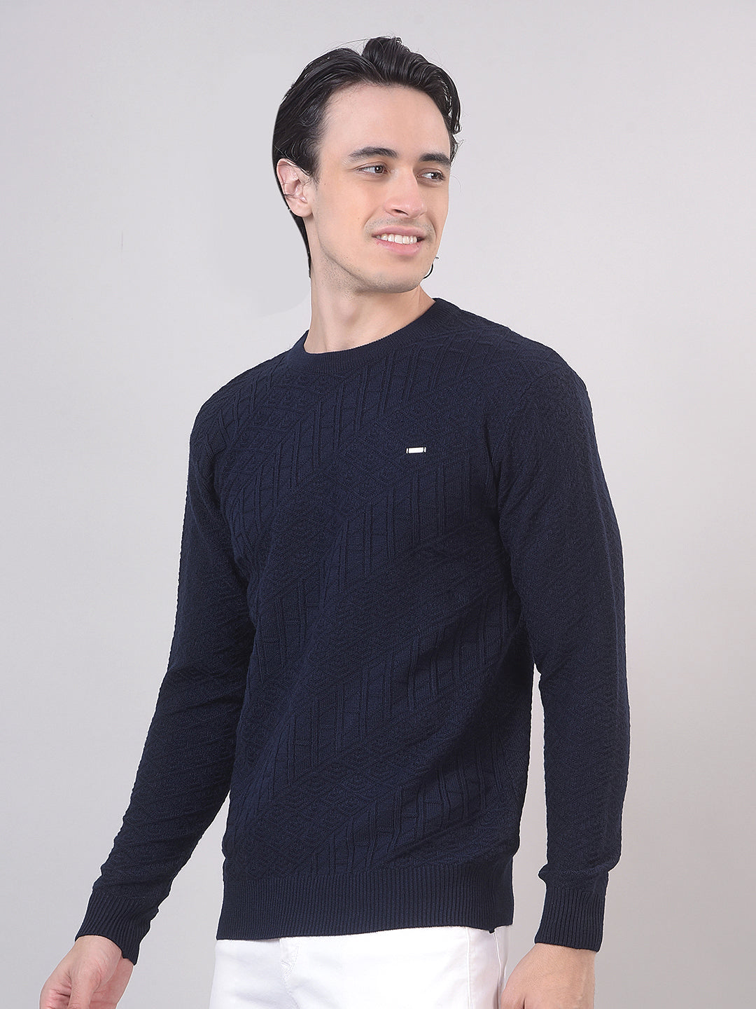 Navy Blue Self-Design Round Sweater