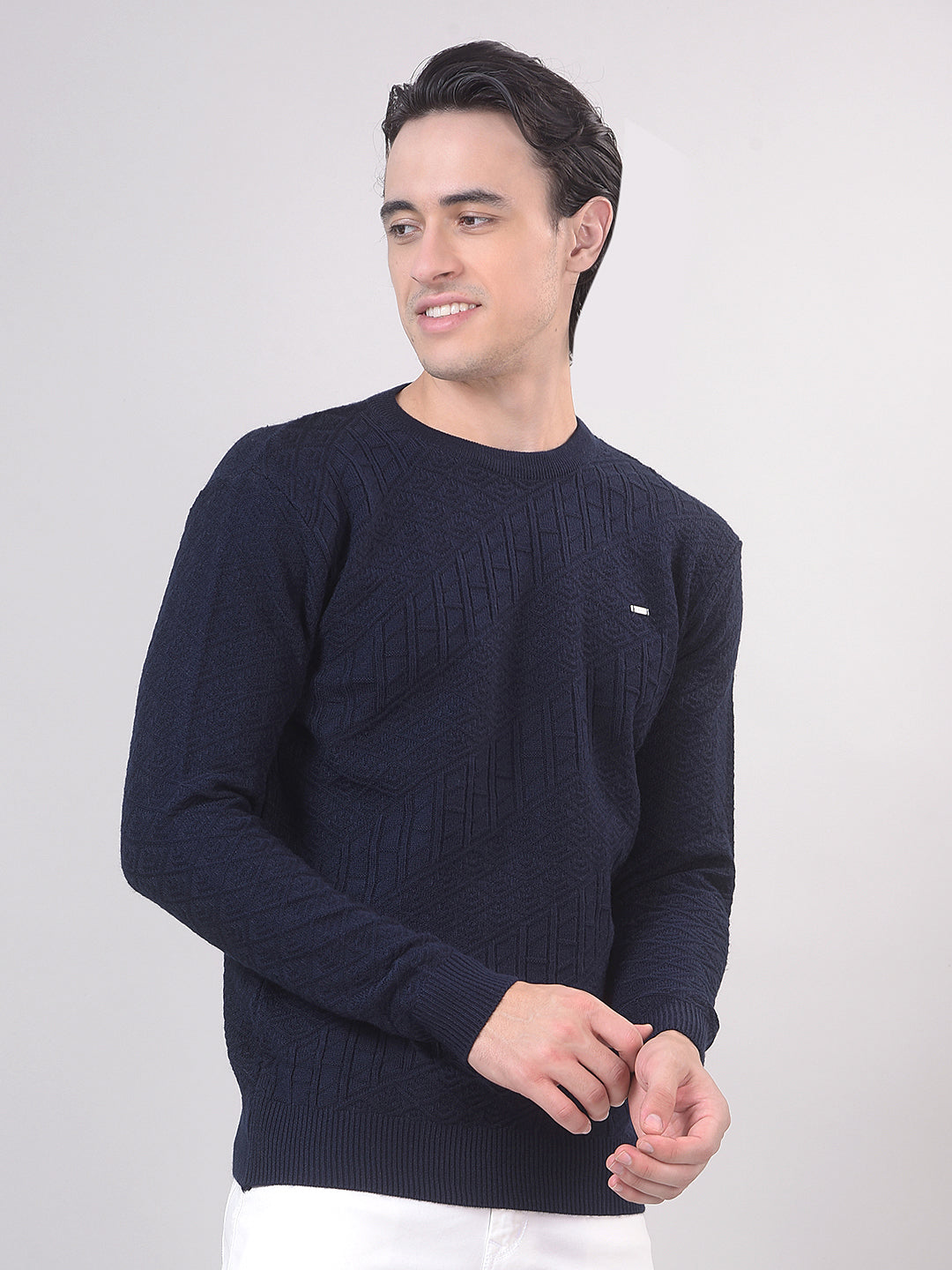 Navy Blue Self-Design Round Sweater