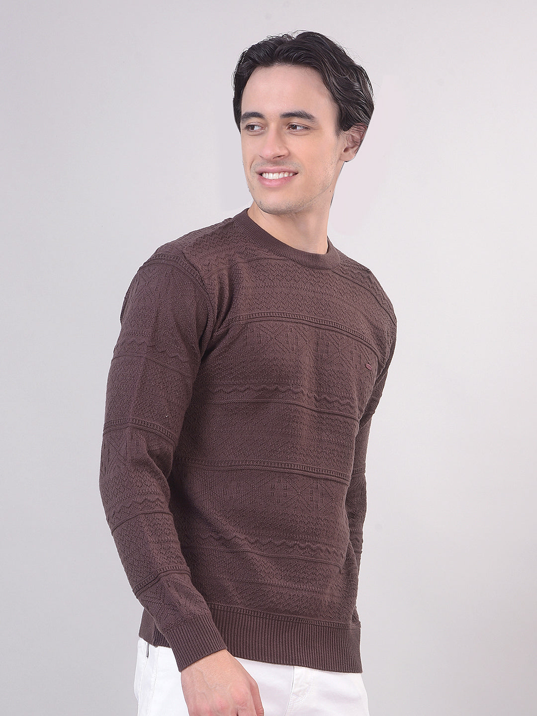 Brown Self-Design Round Sweater