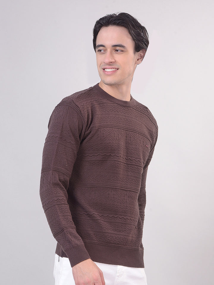 Brown Self-Design Round Sweater