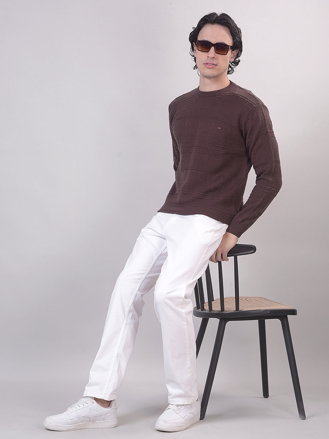 Brown Self-Design Round Sweater