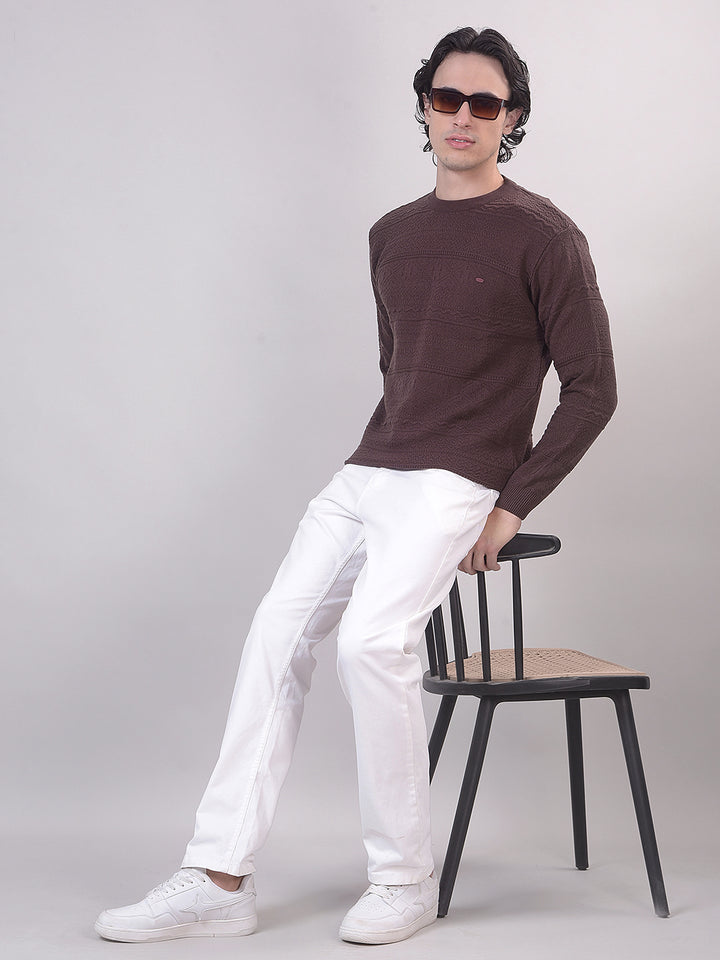 Brown Self-Design Round Sweater