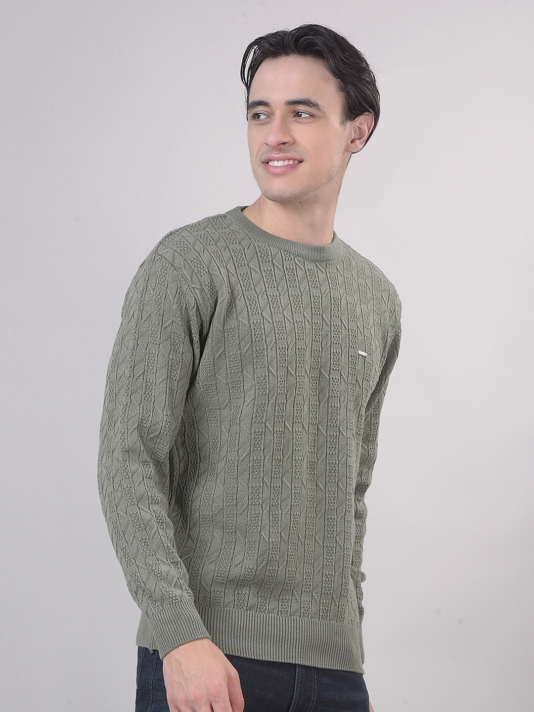 Dark Mint Self-Design Round Sweater