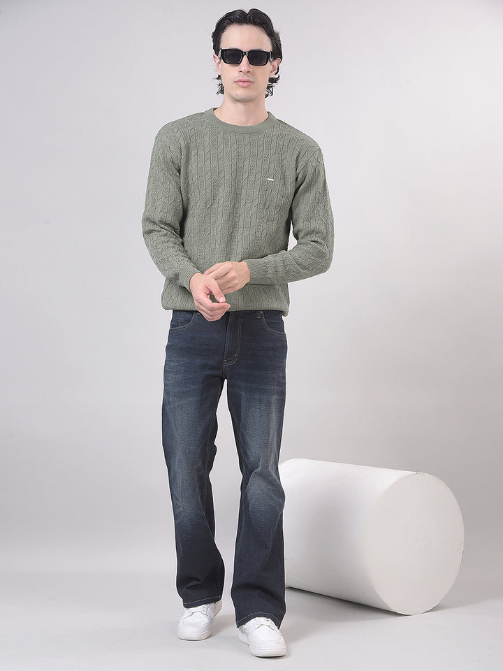 Dark Mint Self-Design Round Sweater