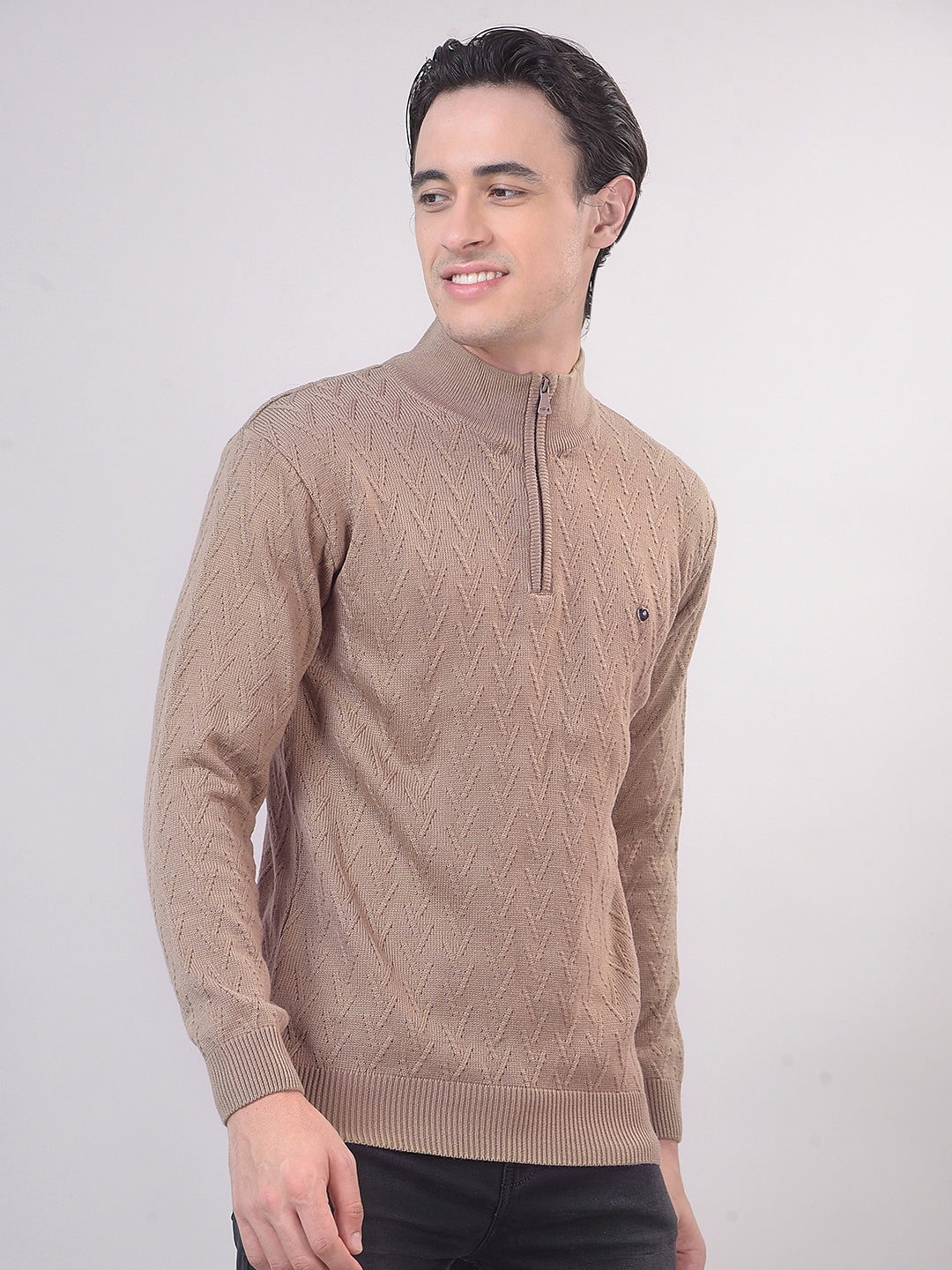 Dark Beige Self-Design Half-Zipper Sweater