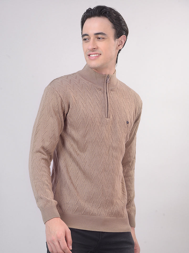 Dark Beige Self-Design Half-Zipper Sweater
