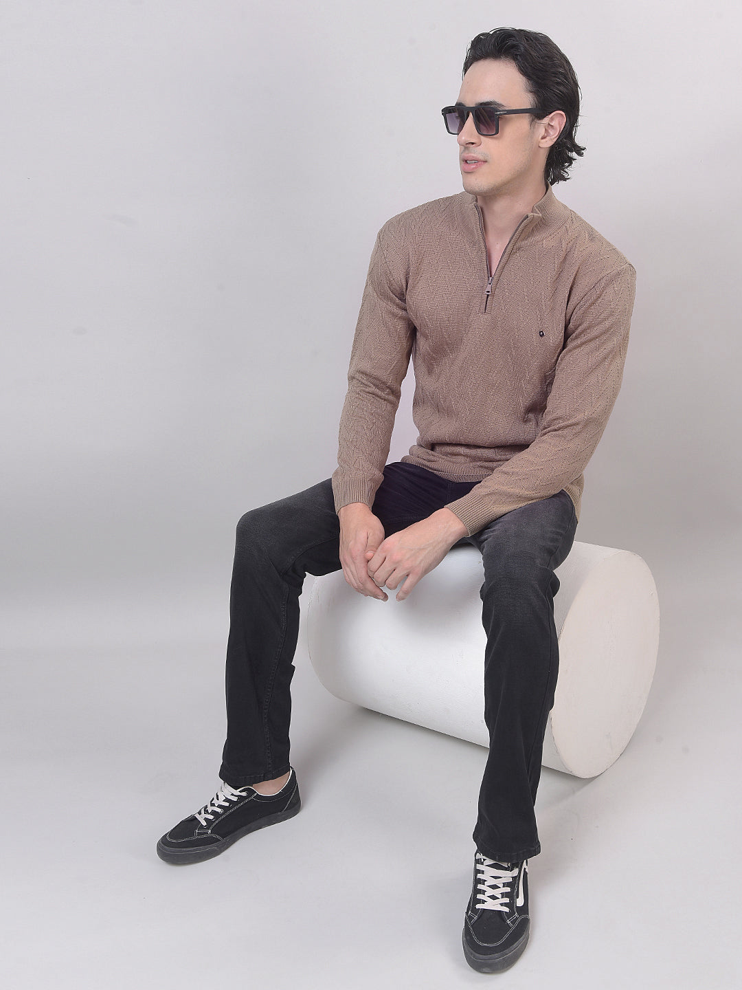 Dark Beige Self-Design Half-Zipper Sweater